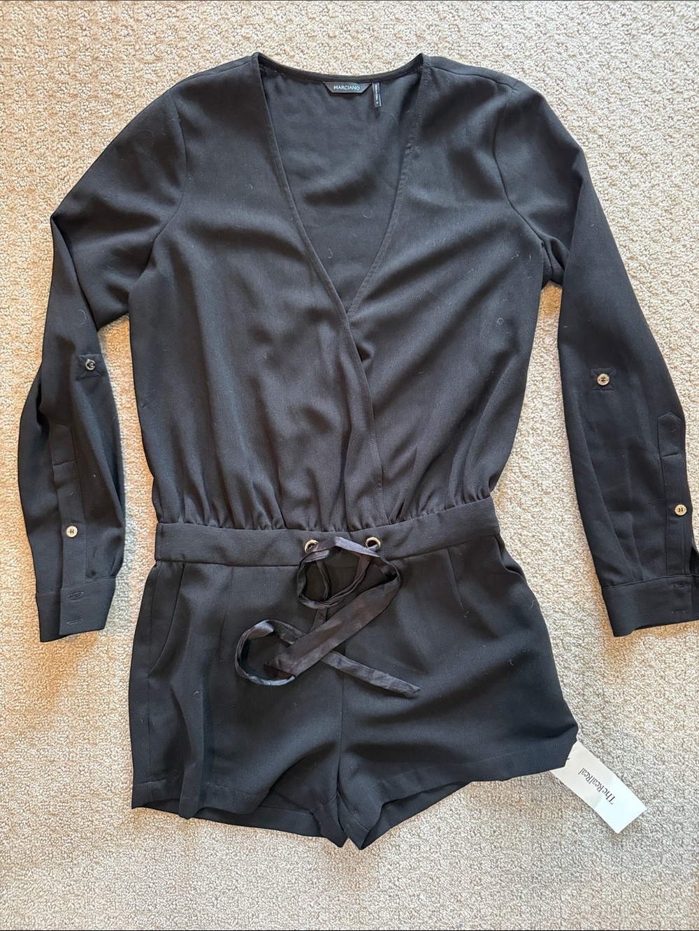 Marciano Black Long-Sleeve V-Neck Tie-Waist Romper
